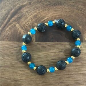 Natural Lava With Gold and Blue Beaded Bracelet
